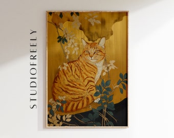 Golden Tabby Cat Japanese Art Print: Vintage Feline Wall Decor