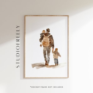 Download instantâneo de retrato em aquarela de pai e dois filhos - presente minimalista bege para o Dia dos Pais | arquivo digital
