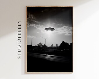UFO over city skyline black and white art print, extraterrestrial urban wall decor, sci-fi alien invasion poster