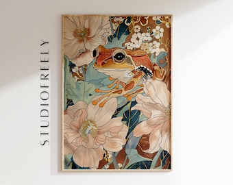 Stampa artistica con rana e fiori, stravagante decorazione murale botanica, illustrazione di anfibio ispirata alla natura