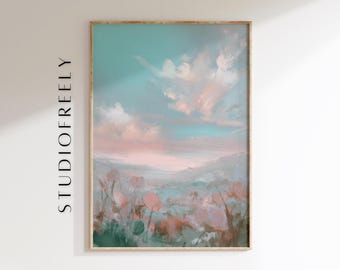 Impresión de paisaje floral de ensueño: amapolas rosa suave y cielo pastel (archivo digital)