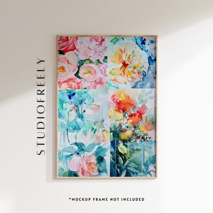 May include: A framed watercolor painting of a floral arrangement. The painting is divided into six squares, each featuring a different arrangement of pink, yellow, orange, blue, and green flowers.