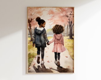 Lámina de acuarela "Hermanas": Arte mural familiar sentimental