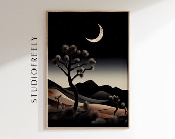 Bohemian dark Joshua Tree National Park landscape instant download art - cactus trees, modern desert eclectic artwork