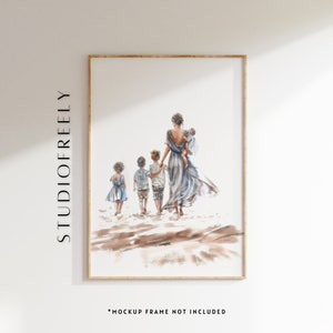 ベージュのミニマリスト水彩画の家族の肖像画 - 即時ダウンロード | お母さん、男の子 2 人、女の子 2 人 | デジタル ファイル