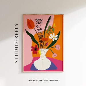 Henri Matisse-inspired orange and pink flower bouquet - flower vase full of fresh flowers | instant digital download