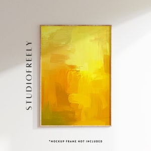 May include: A framed abstract painting with a yellow and gold color scheme. The painting has a textured, brushstroke effect.
