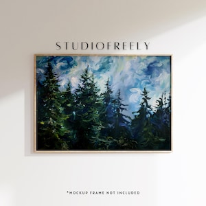 May include: A framed painting of a forest scene with tall, dark green trees against a blue and white cloudy sky. The painting has a textured, brushstroke effect.