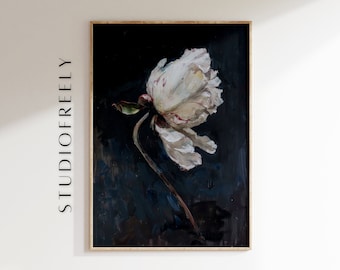 White peony oil painting, elegant floral wall art, moody botanical decor