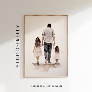 Father & Daughters Watercolor Print: Minimalist Family Art (Digital File)