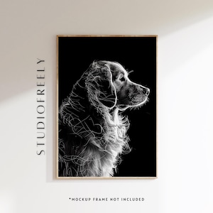 May include: Black and white line art print of a dog's head in profile. The dog has long, flowing fur and is looking to the right. The background is black.