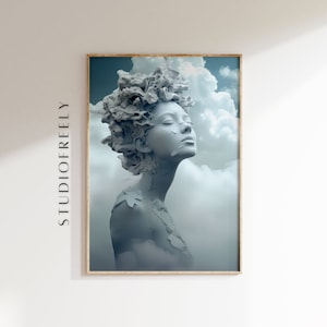 May include: A digital art print of a woman's bust with a cloudy background. The woman is made of white plaster and has a textured surface. Her eyes are closed and she is looking up. The clouds are a light blue colour.