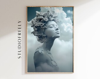 Modern sculpted woman instant download - minimalistic sculpture, unique feminine artwork, head in the clouds peaceful decor