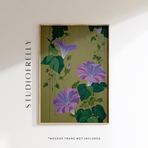 A detailed botanical painting of morning glory flowers and vines, featuring a harmonious palette of purples, soft pinks, and rich greens against a warm olive-green background. Three large morning glory blossoms dominate the composition—each flower showcasing delicate, layered petals with shades of lavender, lilac, violet, and pale blue radiating from a creamy white center.