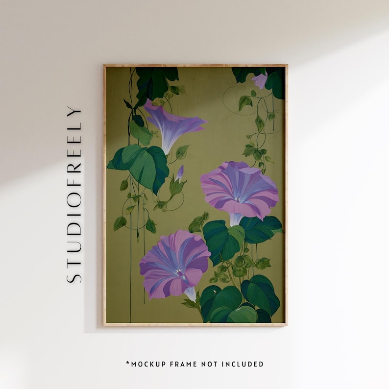 A detailed botanical painting of morning glory flowers and vines, featuring a harmonious palette of purples, soft pinks, and rich greens against a warm olive-green background. Three large morning glory blossoms dominate the composition—each flower showcasing delicate, layered petals with shades of lavender, lilac, violet, and pale blue radiating from a creamy white center.