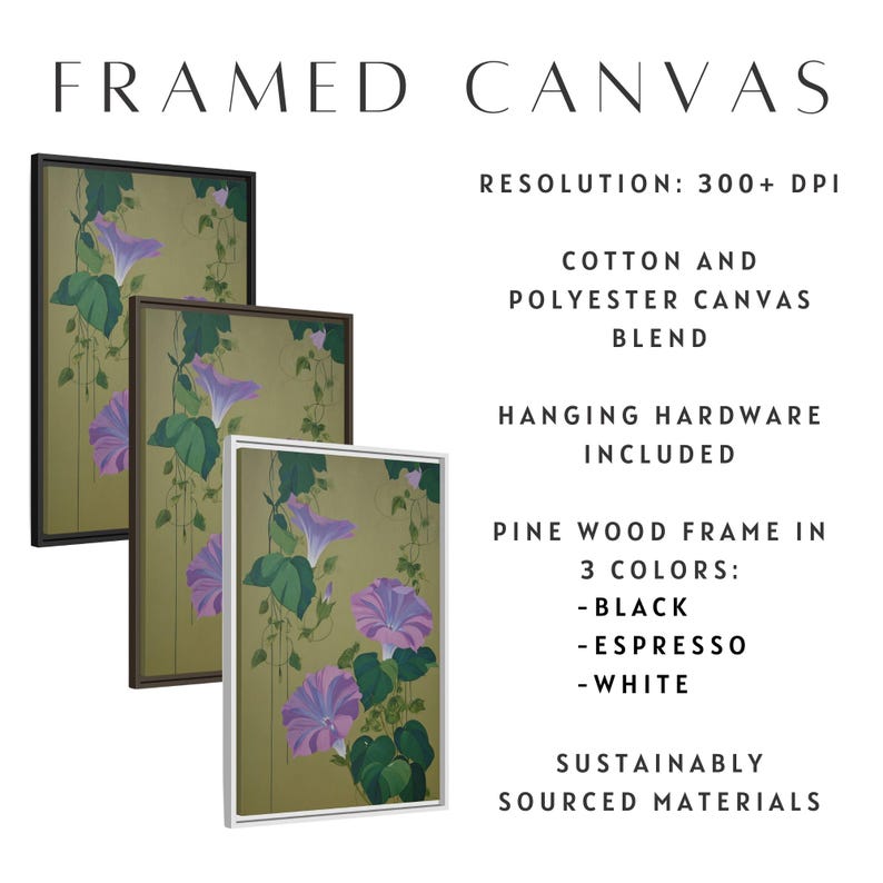 May include: Framed canvas art featuring a floral design with purple flowers and green leaves. The artwork is displayed in black, espresso, and white pine wood frames. The canvas is a cotton and polyester blend.