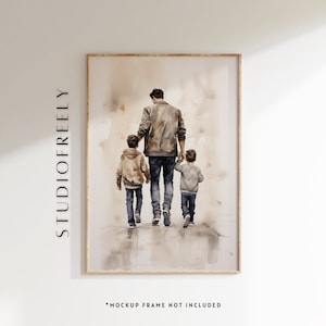 Può includere: Un dipinto ad acquerello di un padre e dei suoi due figli che camminano allontanandosi dallo spettatore. Il padre indossa una giacca marrone e jeans, mentre i figli indossano giacche marroni e jeans. Il dipinto è realizzato in una tavolozza di colori tenui e ha un'atmosfera morbida e sognante.