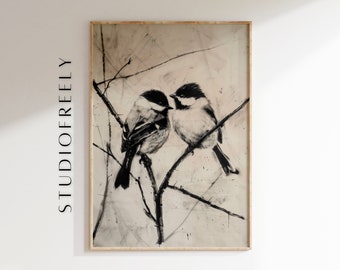 Rough charcoal drawing instant download - pair of Black-Capped Chickadees - Maine state bird | digital file