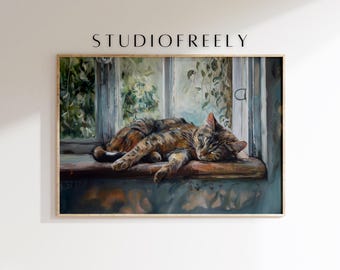 Impressão de Gato Tartaruga: Pintura a Óleo Impressionista, Gato Malhado Dormindo