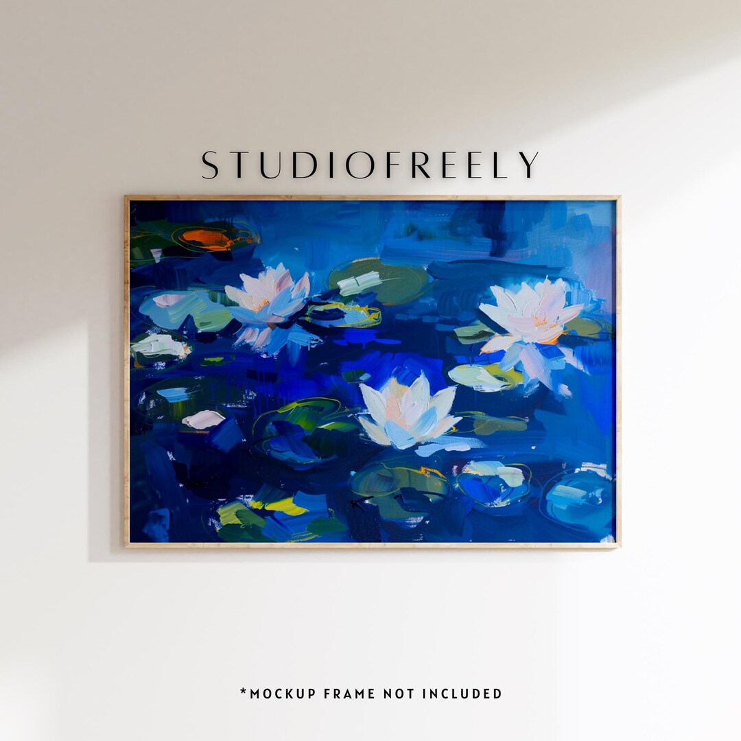 Blue Water Lily Pond Art Print, Vibrant Floral Wall Decor With ...