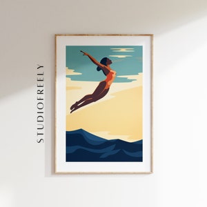 Puede incluir: Una ilustración digital de una persona en un traje de baño rojo saltando a un cuerpo de agua. El fondo es un degradado azul y amarillo.