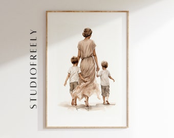 Beige minimalist Watercolor family portrait - mom with two sons | instant download