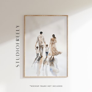 May include: A watercolour painting of a family of four walking away from the viewer. The family is made up of two adults and two children. The adults are holding hands with the children. The painting is done in shades of brown and beige, with a light background.