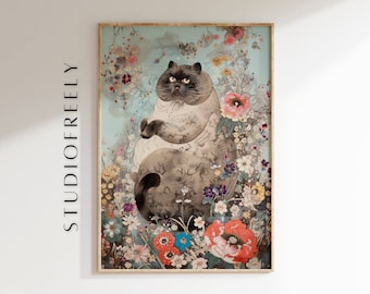 Lámina artística de gato persa floral: decoración de pared vintage de estilo japonés