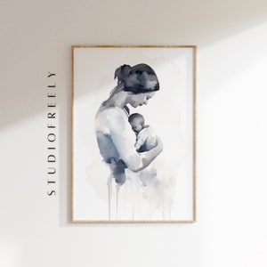 Mother and baby watercolor art print, sentimental family wall decor, minimalist modern parenting illustration
