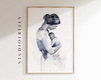 Mother and baby watercolor art print, sentimental family wall decor, minimalist modern parenting illustration