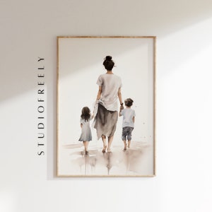 Minimalist watercolor Mother's Day instant download - brother and sister, modern family portrait