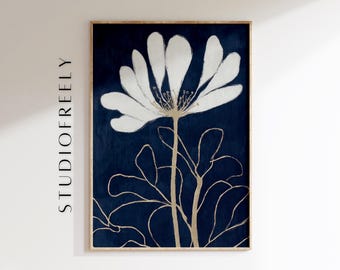 Impresión artística de flores abstractas blancas, decoración botánica de pared en azul marino y dorado, dibujo lineal minimalista (archivo digital)