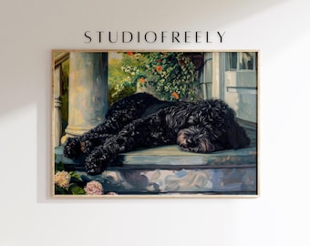 Stampa artistica di un Labradoodle nero: decorazione murale con cane per un'accogliente veranda.