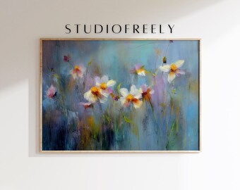 Impresión de pintura "Prado de margaritas", arte mural abstracto floral azul (archivo digital)