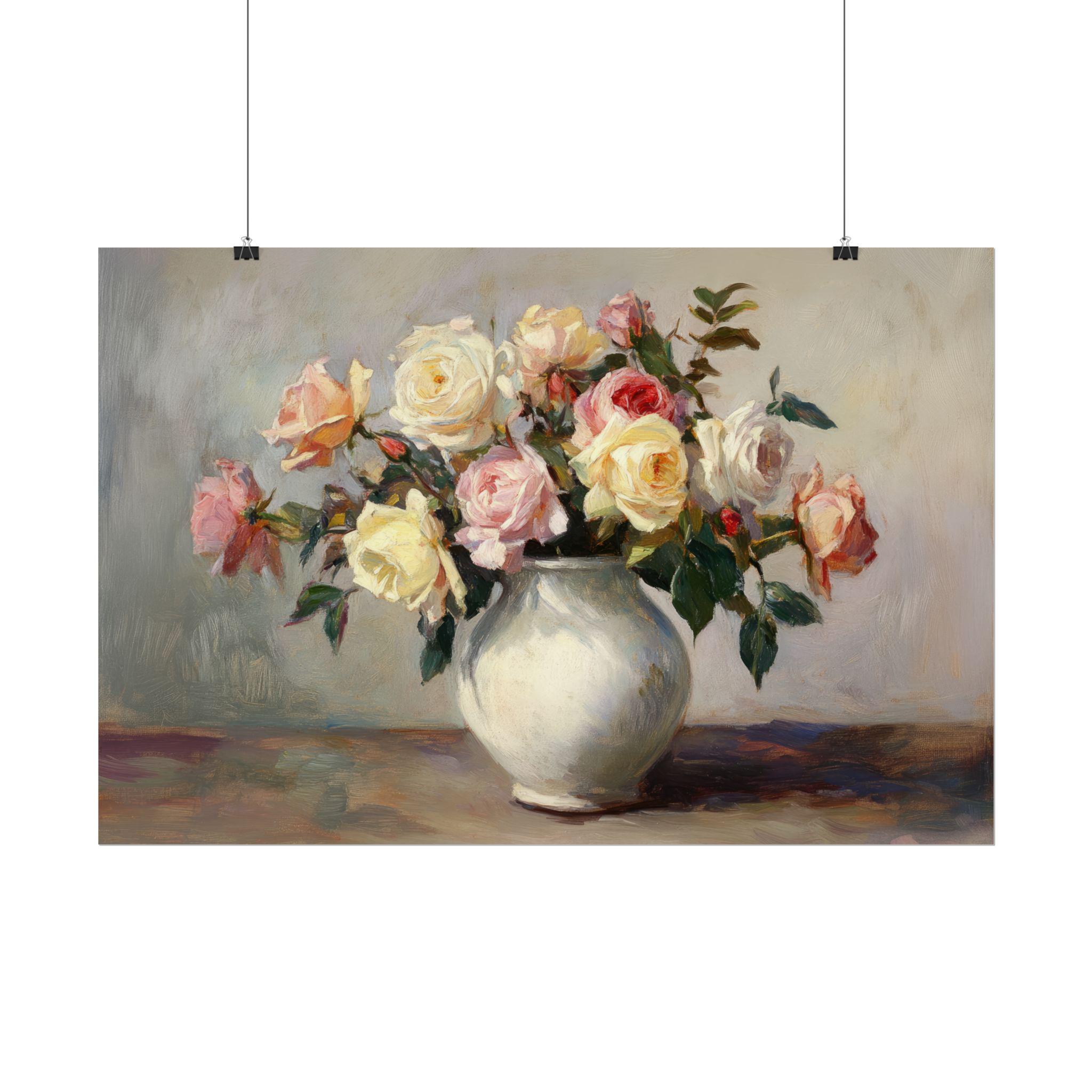 ヴィンテージのバラの花束の絵画：フランスの田舎風の花瓶（デジタル