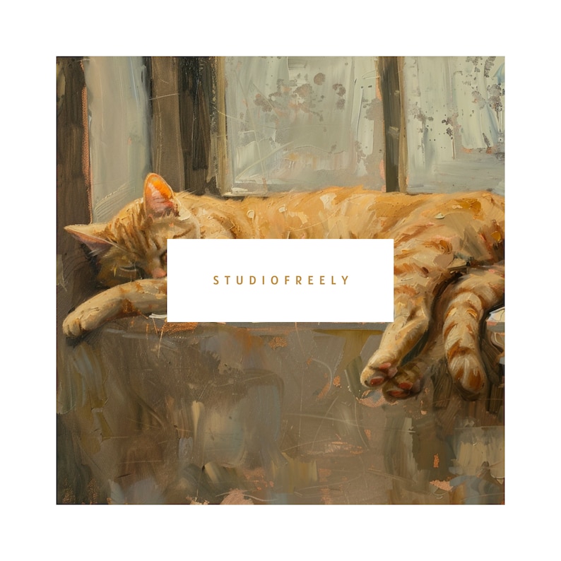 Pu&ograve; includere: Dipinto a olio di un gatto zenzero che dorme su un davanzale. Il gatto &egrave; rannicchiato, con gli occhi chiusi. Il testo "STUDIOFREELY" &egrave; visualizzato su un rettangolo bianco al centro dell'immagine. Lo sfondo presenta una finestra e colori tenui.