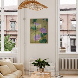 The botanical style is elegant and stylized—some details are softened while others are crisp, giving the piece a slightly vintage, hand-illustrated quality reminiscent of old garden journals or wallpaper studies. The soft earth-toned background adds warmth and contrast, making the purple flowers pop while maintaining a grounded, natural feel.