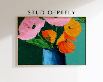 Bold Matisse-Inspired Floral Painting: Pink and Orange Flowers in Blue Vase, Modern Fauvist Wall Art, Colorful Still Life Decor