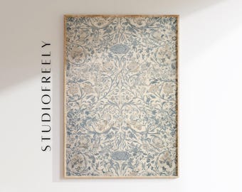 Impresión textil floral: tapiz botánico azul, elegante arte mural de estilo vintage (archivo digital)