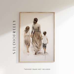 Beige minimalist Watercolor family portrait - instant download - mom with boy and girl | digital file