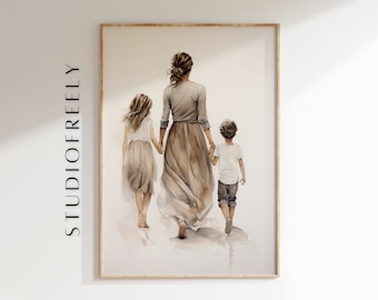 Mother and Children Watercolor Art Print: Sentimental Family Decor