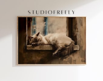 Ragdoll Katzenbild Druck - Gemütliches schlafendes Kätzchen auf Fensterbank (Digitale Datei)