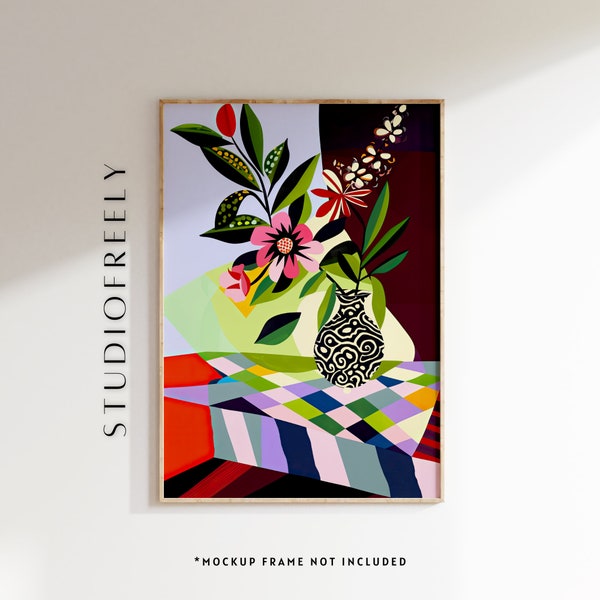 Henri Matisse-inspired maroon and lime green flower bouquet - flower vase full of fresh flowers | instant digital download