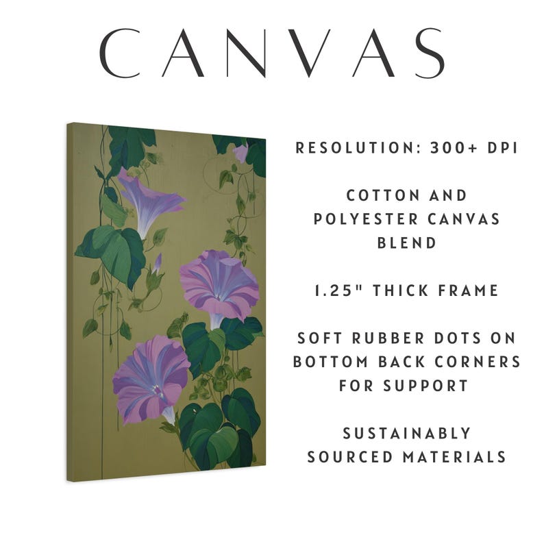 May include: Canvas art print featuring a floral design with purple morning glories and green leaves against a gold background. The canvas has a 1.25-inch thick frame and soft rubber dots for support. The word "CANVAS" is at the top.