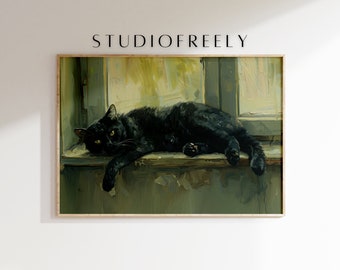 Black cat lounging painting, cozy feline wall art, modern pet-inspired decor
