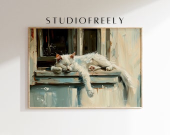 以下が含まれることがあります： 窓辺で眠る白い猫が描かれた、額入りのアートプリント。絵画は、筆致が目立つ絵画風のスタイルで、白、青、ベージュの柔らかな色使いです。「STUDIOFREELY」の文字が上部にあります。「*MOCKUP FRAME NOT INCLUDED」の文字が下部にあります。
