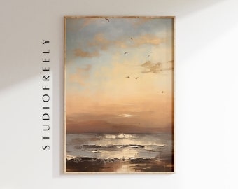 Fine art antique ocean sunset art print- oil painting bronze sunset, vintage-style seaside | museum-grade poster, or eco-friendly canvas