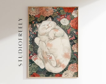 Verspielte weiße Katze Wanddekor, japanische traditionelle kawaii Katzen Illustration
