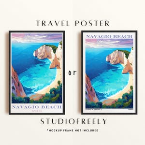 Navagio Beach Greece travel poster, vibrant coastal wall art print, scenic Mediterranean decor