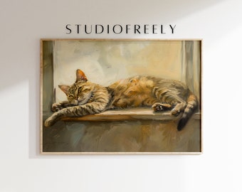 Sleeping tabby cat painting, cozy pet wall art, warm animal-inspired decor
